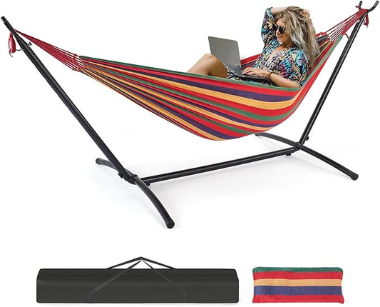 NEWBULIG Double Hammock with Stand, Heavy Duty Portable Hammocks for Outdoor Indoor Patio Camping, Space Saving Design & Carry Bag, Easy Assembly, 450lb Weight Capacity, Rainbow