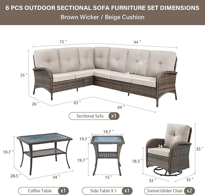 Belord Outdoor Furniture Set - 6 Pieces Patio Conversation Sectional Sofa Set with Swivel Rocker Outdoor Chairs Set of 2 and Wicker Coffee Table for Deck Backyard Sunroom Brown