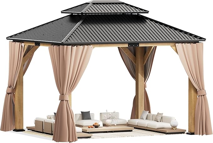 ROCSUMOO 13'x 15' Outdoor Wooden Gazebo, Patio Hardtop Gazebos with Double Roof, Double Galvanized Steel Hardtop Roof Wood Frame with Netting and Curtains (13'x 15')