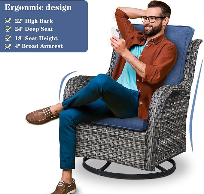 Belord 5 Piece Outdoor Patio Furniture Set - Wicker Furniture Patio Conversation Set, Outdoor Swivel Rocker Chairs with Loveseat Sofa and 2 Ottomans for Small Space, Blue Cushion