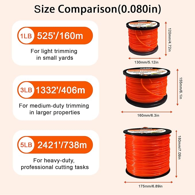 COSY GARDEN TOOLS String Trimmer Line, Commercial Grade Orange Pentagon Weed Eater String, Premium Nylon Universal 0.080" Diameter x 1LB, by 525 Foot