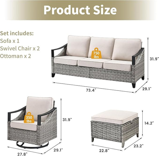 5 Pieces Patio Furniture Sets - All Weather Outdoor Swivel Rocker Patio Chairs with 3-Seat Sofa and Multifunctional Ottomans, Outdoor Conversation Set for Garden Porch Balcony Deck Gray/Beige