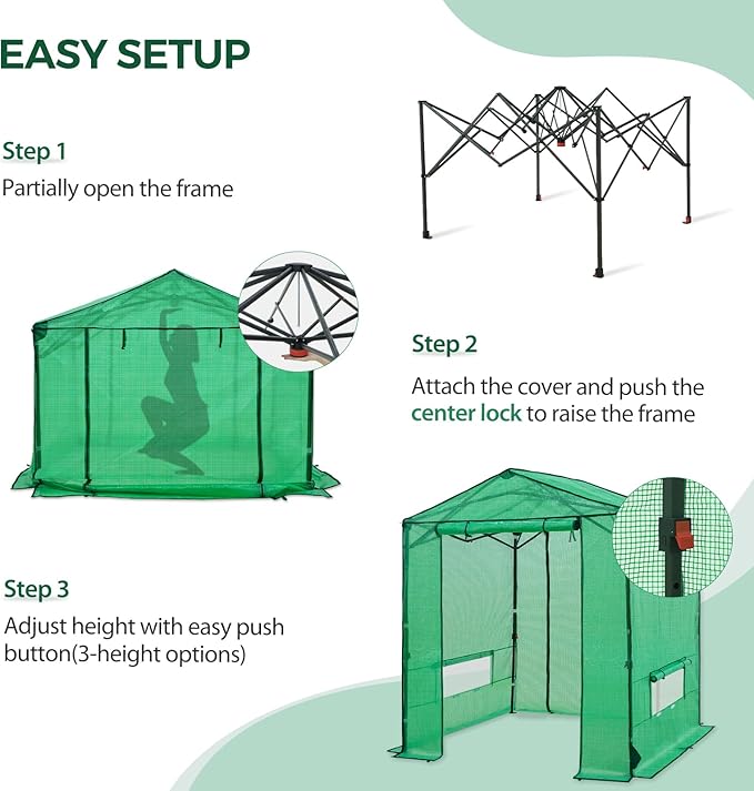 6x6 Pop Up Walk-in Greenhouse, Indoor & Outdoor PE Cover Green House with Power Access Ports, Roll-up Zippered Doors and Windows, Green