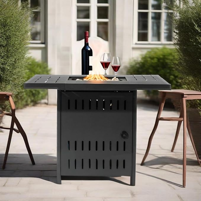 Propane Fire Pit Table, 34" Firepits for Outside, Gas Fire Pit for Outside Patio, Propane Fire Table with Steel Lid, Rocks for Backyard, 50000BTU, Tank Inside, Tank Not Included, Black