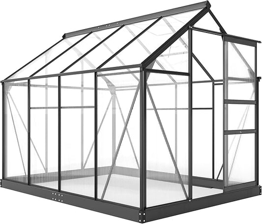 Outsunny 6' x 8' Greenhouse for Outdoors, Polycarbonate Greenhouse with Rain Gutter and Roof Vent, Aluminum Walk-in Green Houses for Outside for Patio Backyard Garden, Gray
