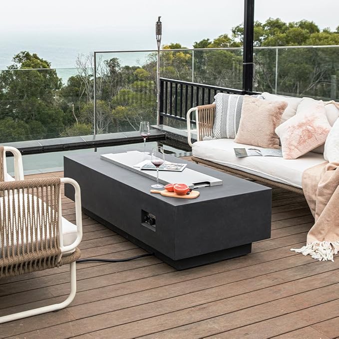 Granville Concrete Fire Pit 60" x 27" Outdoor Patio Firepit Includes Lava Rocks Modern Fire Pits & Outdoor Fireplaces for Garden, Deck, Indoor & Outdoor Heating