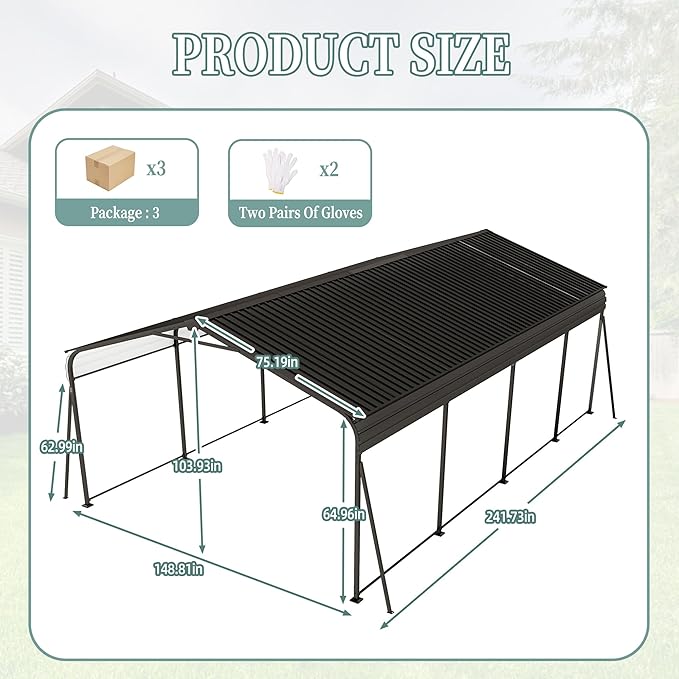 Ball & Cast 12x20 FT Carport,Heavy Duty Carport Canopy with Galvanized Steel Roof,Metal Carport with Enhanced Base,Oversized Garage Shed Outdoor Shelter for Car, Boats and Tractors,Dark Gray