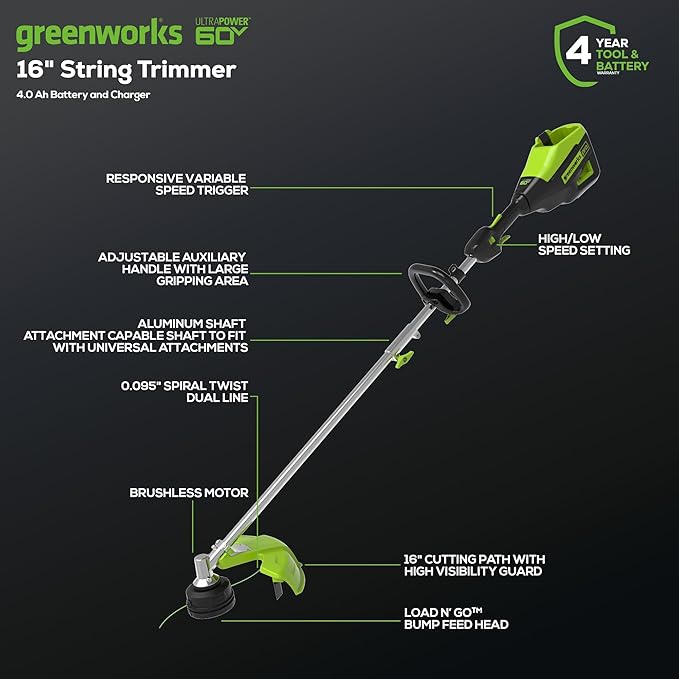 Greenworks 60V 16" Brushless Cordless String Trimmer, Attachment Capable, Load N’ Go Line Head, Shoulder Strap Included, 4.0Ah Battery & Charger, 4-Year Warranty