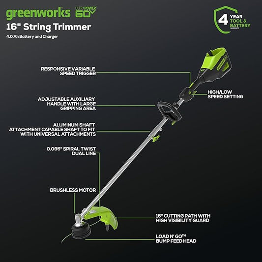 Greenworks 60V 16" Brushless Cordless String Trimmer, Attachment Capable, Load N’ Go Line Head, Shoulder Strap Included, 4.0Ah Battery & Charger, 4-Year Warranty