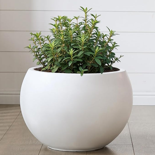 Fiberstone Sphere Planter, 15.8" Dia Round Flower Pot with Drainage Hole and Removable Plug, Plant Pot for Indoor Outdoor Use, 11.8" Opening-10.9" H Medium, White