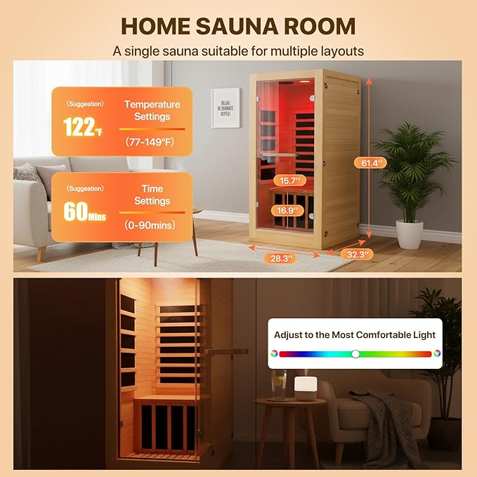 Infrared Sauna Room Indoor Saunas Home Obeche Wood 900W Low-EMF Dry Saunas Single Person Spa with 7 Color Light 32.3 * 28.3 * 61.4 inch
