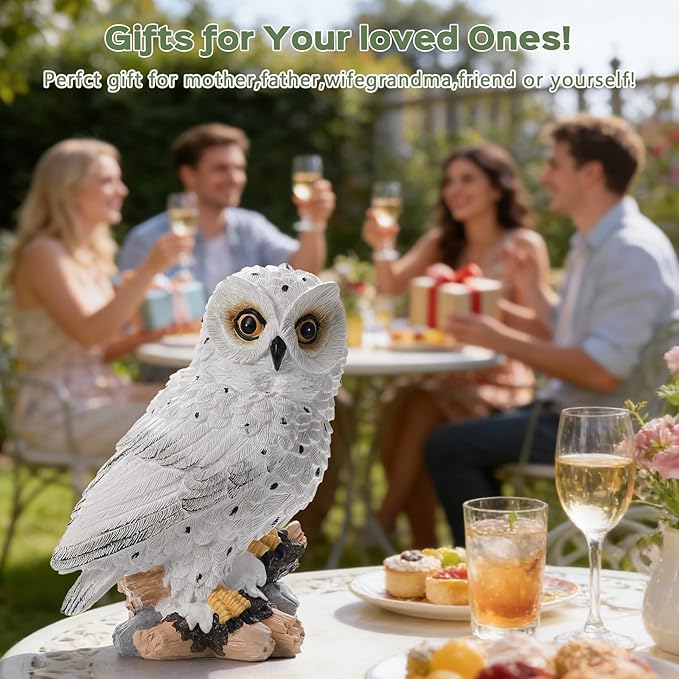 Ayadon Solar Owl Garden Outdoor Statue,Owl Figurine Sculpture with LED Lights for Porch Patio Lawn Yard Deck Decor - Ideal Housewarming Christmas Gift for Women Men Owl Lover(White)