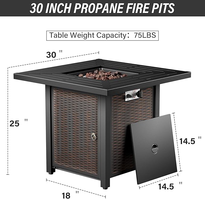 Belord 7-Piece Modern Gray Wicker Patio Conversation Set - 4 Swivel Glider Chairs & 50,000 BTU Propane Fire Table