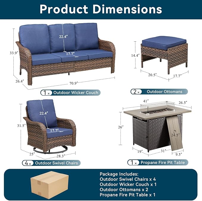 Patio Furniture Set with 42.5" Fire Pit Table-8 Pieces All Weather Wicker Outdoor Furniture with High Back Swivel Patio Chairs Set of 2 Outdoor Couch for Deck Balcony Backyard Brown/Blue