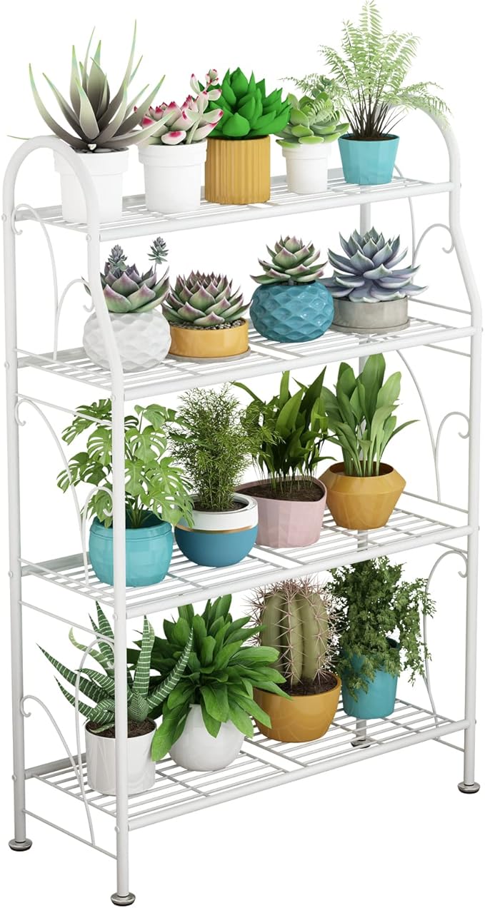 SORCEDAS Plant Stand Indoor Outdoor Plant Shelf 4 Tier Metal Corner Flower Stand Multiple Holder for Patio Garden Balcony Living Room, White
