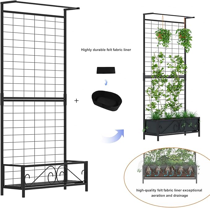 Zhongma Metal Planter with Trellis Raised Bed with Trellis for Vine Climbing Plants Flowers(12.8 x 35.43 x 74 in), 74 Inch Height Privacy Screen with Hanging Plant Pot Shelf