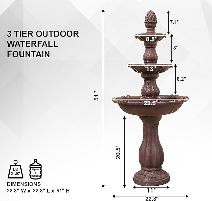 XBrand 3-Tier Water Fountain w/Pump & Pineapple Top, 51 Inch Tall, Brown, Large Outdoor Freestanding Waterfall Decor for Porch, Lawn and Garden