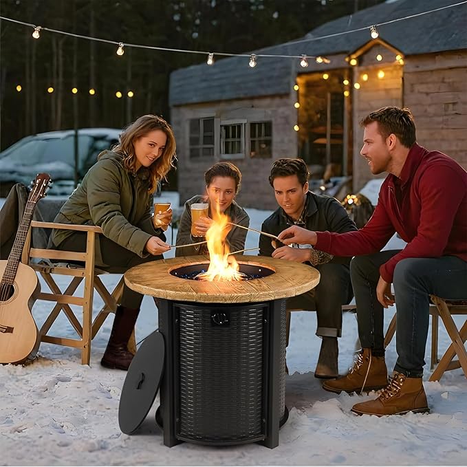 30 Inch Round Propane Fire Pit Table,50,000 BTU Iron Gas Fire Pit with Lid,Ignition Systems,w/Glass Stones and Rain Cover,Outdoor Firepit Table for Patio & Deck