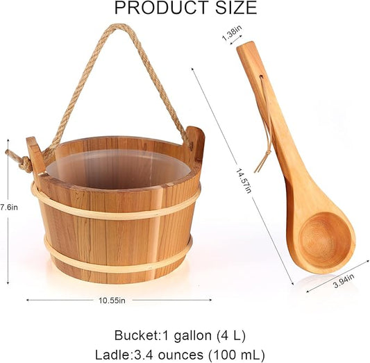Wooden Sauna Bucket and Ladle Set, Handmade from Natural Cedar with Rope Handle,4L