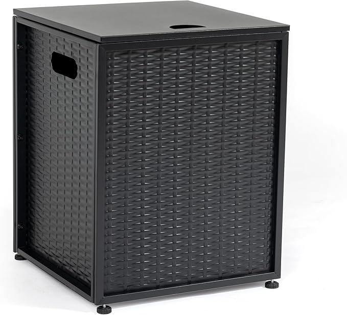 Propane Tank Cover Table for Fire Pits, 20 LB Iron Propane Tank Holder with Side Handles, Outdoor Tank Storage Side Table with Imitation Woven Rattan Surface for Patio, Gas Griddle, Black