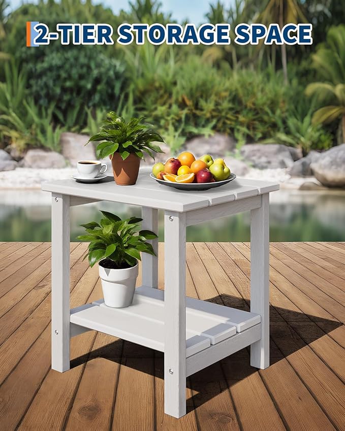 GarveeLife Outdoor Side Table 2-Tier, 18 in HDPE All Weather Resistant Patio Side Tables for Outside, End Table for Patio Pool Deck Indoor Backyard, White-2Pcs
