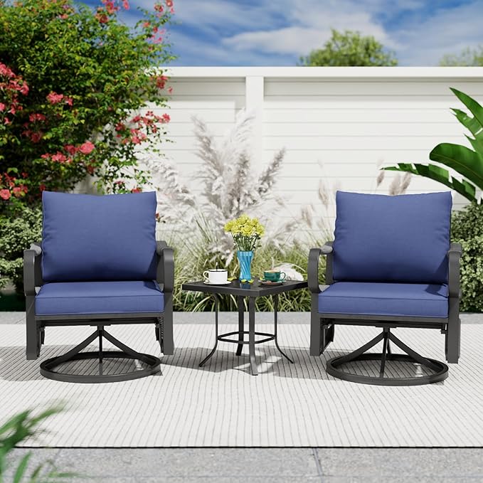 3 Piece Patio Furniture Set, Rope Woven Outdoor Conversation Set with High Back Metal Swivel Chairs and Coffee Table, Thick Cushions for Garden, Porch, Blue