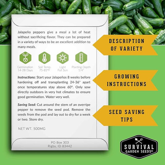 Jalapeño Pepper Seeds for Planting | Hot Heirloom Non-GMO Peppers for Pickling & Salsas – Survival Garden Seeds (3 Packs)