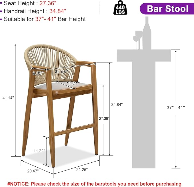 PURPLE LEAF Outdoor Barstools Set of 2 Wicker Bar Stools Woven Bar Height Stool Bar Chairs Aluminum Bar Stools with Back for Patio Island Lawn Kitchen Teak