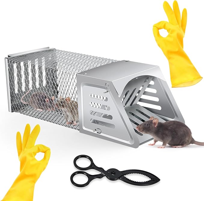2025 Humane Rat Trap Outdoor Rodent Traps Humane Mouse Trapss Indoor Squirrel Trap,Sensitive Pedal Trigger,Metal Rat Live Animal Traps for Voles,Rodents,Mice,Moles,Chipmunk (Include Gloves&Clamps)
