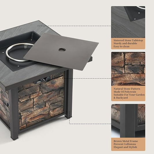32'' Propane Fire Table for Ourdoor, Sintered Stone Tabletop & Polyresin Natural Stone Base, 50000 BTU Gas Fire Pit Table for Outside Patio and Garden, with Lava Rock