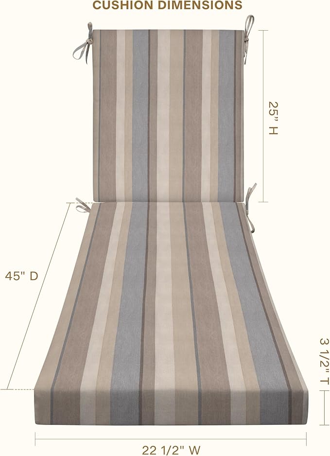 Honeycomb Outdoor Heritage Chaise, 22.5" W x 70" L, Stripe Taupe Chair Cushion for Patio Furniture