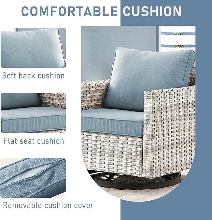 Luxury Outdoor Swivel Rocker Patio Chairs Set of 2, Swivel Patio Chairs for Porch, Yard, Deck, Poolside, Light Grey/Light Blue
