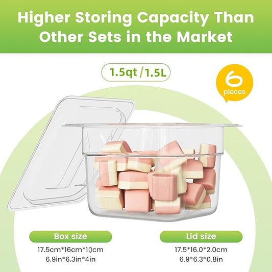 6 Pack Plastic Food Pan with Lid 1/6 Size 4 Inch Deep Restaurant Clear Food Storage Containers with lids Polycarbonate Commercial Hotel Pans for Fruits Vegetables Beans Corns (6 PCS, 4'' Deep)