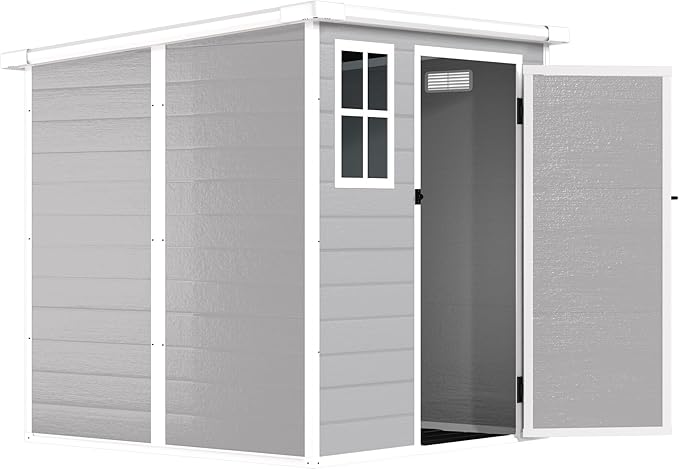 Resin Storage Shed 6x6ft?Outdoor Storage Sheds with Floor, Window, Lockable Doors and Vents, Tool Shed for Bike, Garden, Backyard,Lawn, All Weather Use (Grey, 6 * 6ft)
