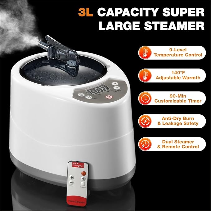 Portable Sauna Box for Home, Personal Steam Sauna Tent with 3L 1200 Watt Steamer, Remote Control and Fodable Chair, for Steam Detox Relaxation Spa, Indoor & Outdoor, 9 Levels, 2.6’ x 2.6’ x 6.1’