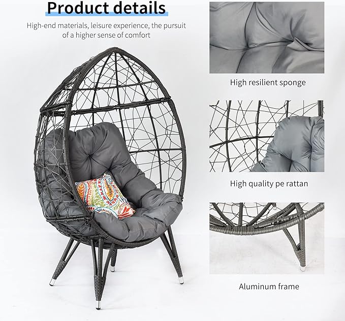 Outdoor Egg Chair, Part of Patio Conversation Set, All-Weather Wicker Lounge Chair with Thick Cushions, Single Seat for Balcony, Garden, Porch, Grey