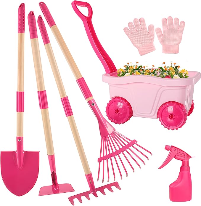 Duckura Kids Gardening Tools Set - 7pcs Wheelbarrow Set for Kids with Shovel, Rake, Leaf Rake, Summer Outdoor Yard Digging Weed Toys, Valentine's Birthday Gifts for Boys Girls Age 2 3+ Years Old(Pink)