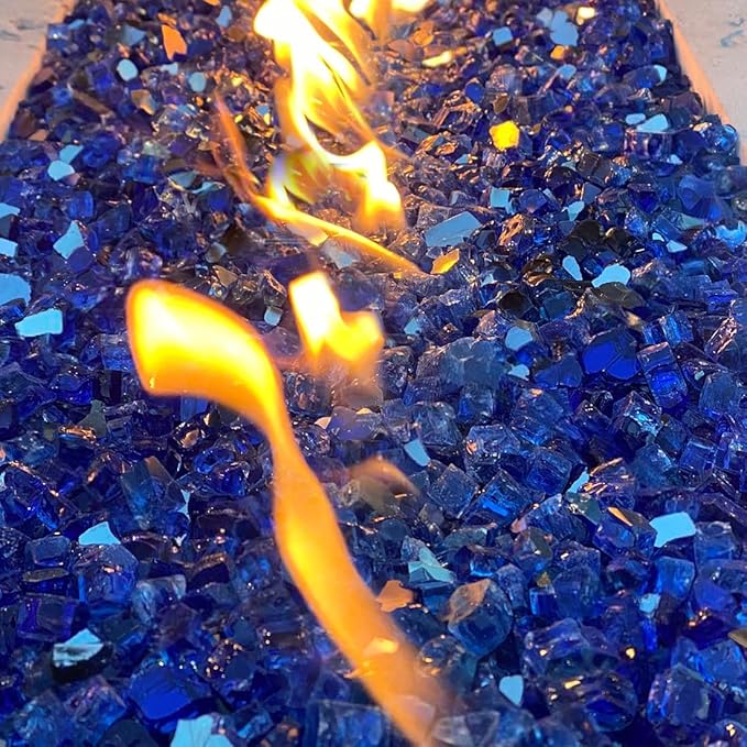 Fire Glass for Propane Fire Pit, 1/2 Inch High Reflective Fireplace Glass Rocks for Fire Pit Table, 20 lbs Fire Pit Glass Rocks for Outdoor Fire Table and Landscaping, Cobalt Blue