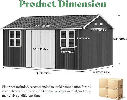 VanAcc 12x14x8.5 FT Galvanized Steel Outdoor Storage Shed with 2 4-Pane Windows Lockable Door, Nordic Cottage Shed for Backyard, Garden, Patio, Dark Grey/White