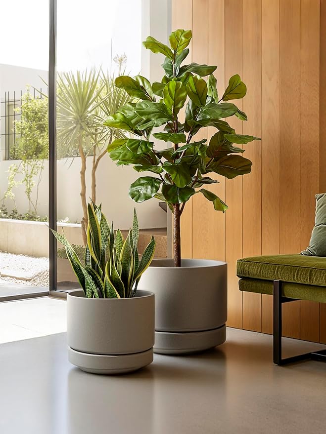 LE TAUCI 12 Inch Pots for Plants with Saucer | Ceramic Outdoor & Indoor Planter Pot for Plants | Drainage Hole, Mesh Pad & Plug | Unglazed Porous | Modern for Home, Office and Patio – Neutral Gray