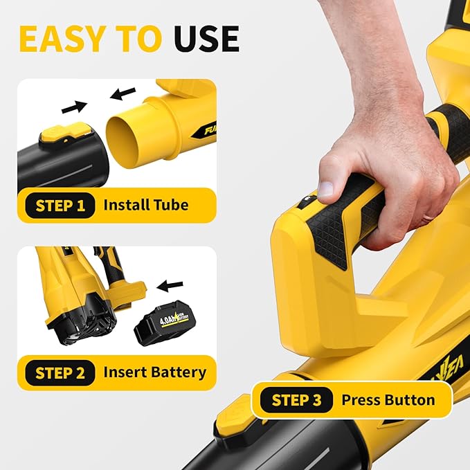 FULLYEA Cordless Leaf Blower 650 CFM, 6 Speed Modes, Electric Leaf Blower Cordless with 3 Tubes & 2x4.0Ah Batteries, 21V Battery Powered Leaf Blowers for Patio, Yard, Garage Cleaning (Yellow)