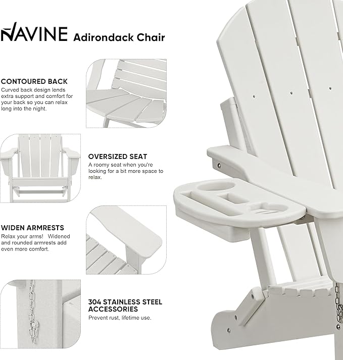 Adirondack Chair, HDPE Folding Adirondack Chair with Multifunctional Cup Holder, Weather Resistant Fire Pit Chair for porches, patios, patios, poolsides, Decks.