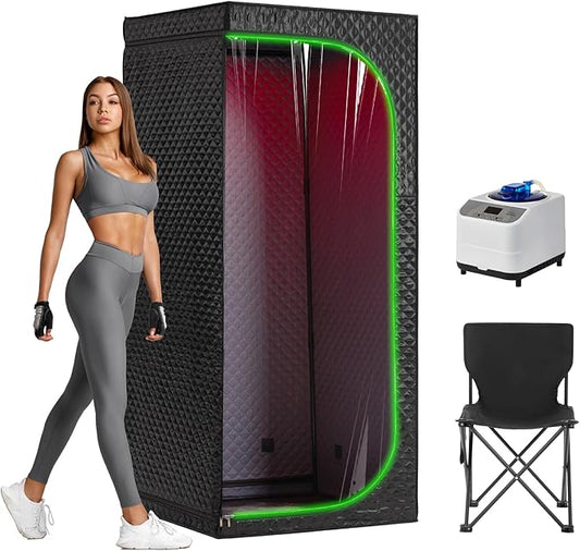 Portable Full-Body Steam Sauna Tent for Home – Large Indoor Personal Sauna with 15 Heat Levels, 3L Steamer, Remote, Foldable Chair and Transparent Window (Red Light Version, Black)