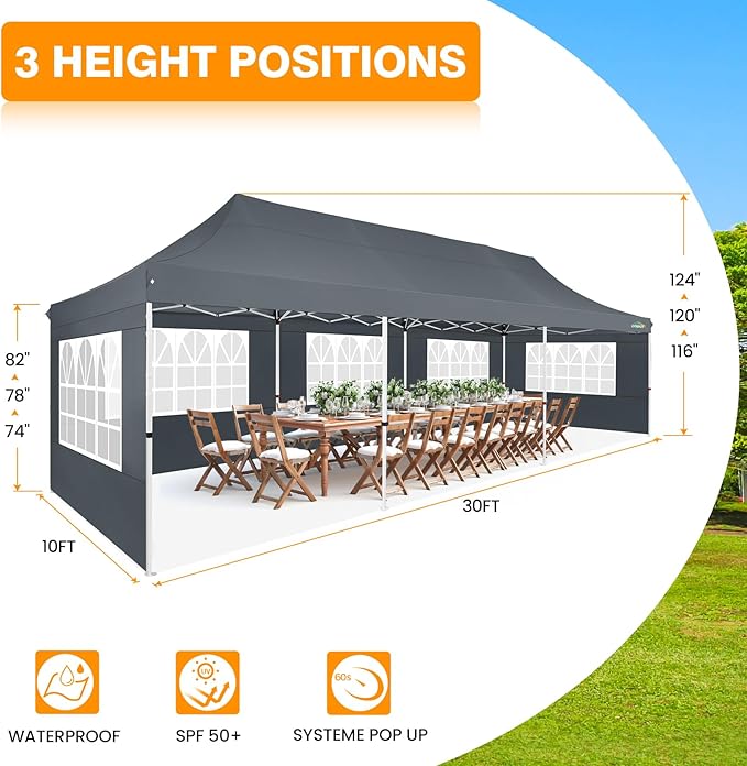 COBIZI 10x30 Pop up Canopy with 8 Removable Sidewalls, Outdoor Canopy Waterproof Commercial Tents for Parties Wedding, with Upgrade Raised Top Cover and Roller Bag, with 4 Sandbags(Gray)