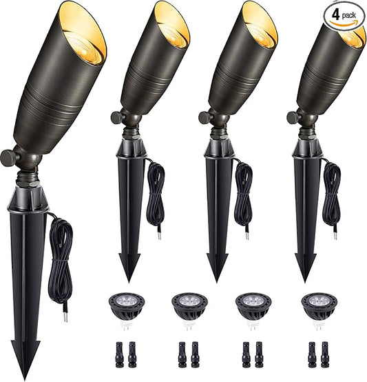 Gardenreet Brass Landscape Lighting - Low Voltage Spotlights Outdoor LED, 12V Wired Uplights, Waterproof Spot Lights, Bronze for Outside Trees with 5W 5000K Daylight MR16 Bulb (4 Pack)