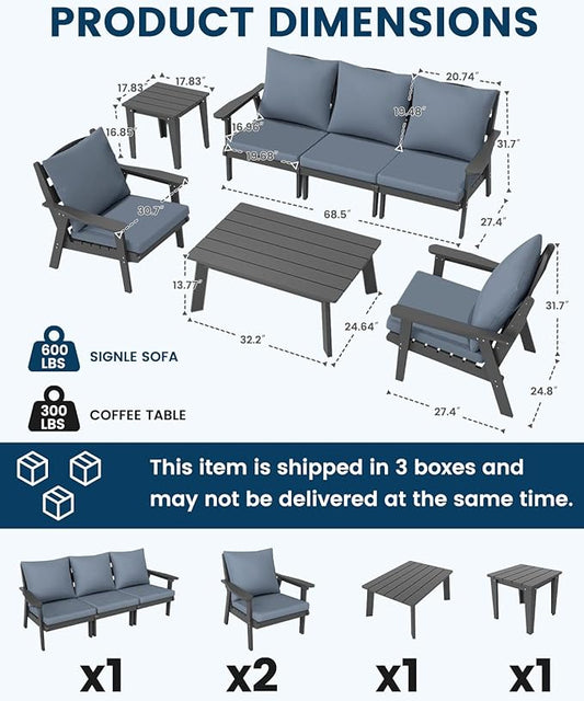 FOOWIN 7-Piece Patio Furniture Set, HDPE All-Weather Outdoor Conversation Set with Thick Cushions, Sectional Patio Sofa Furniture for Deck, Porch, Lawn, Garden, Grey Frame & Grey Cushion