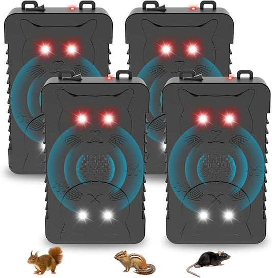 4Pack Ultrasonic Rodent Repellent for Car Engines,Under Hood Ultrasonic Mouse Repellent with 4 LED Strobe Lights,Plug-in&Battery Powered,Keep Rats,Mice,Squirrels Away from Vehicles,RVs,Garages,Attics