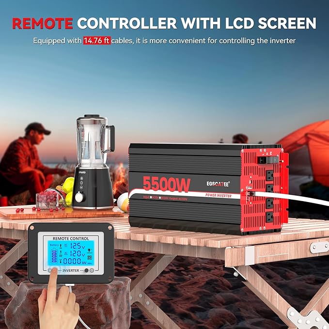 5500W Power Inverter 12V DC to 120V AC Converter for Truck, Home, RV, Peak 11000W Off-Grid Solar Power Inverter with 4 AC Outlets, USB Port,Type-C Port, Remote Controller with LCD Screen