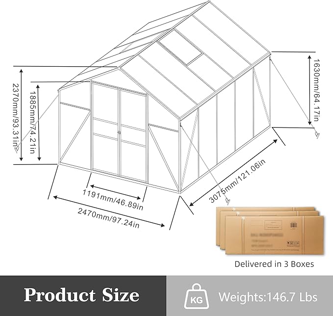 KEIKI 8x10 FT Polycarbonate Greenhouse for Outdoors, Durable Aluminum Walk-in Greenhouse with Gutter Drainage & Tall Growing Space for Plants, Black