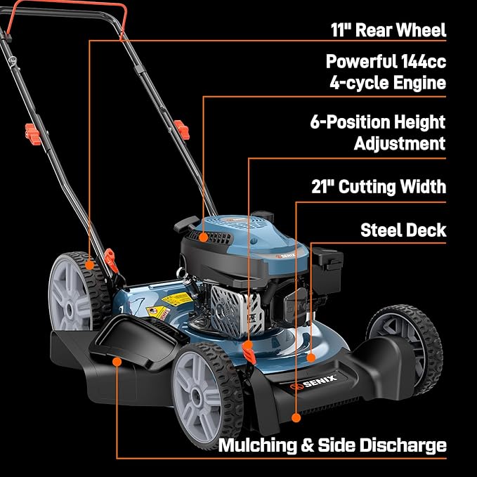 SENIX 144 cc Gas Lawn Mower, 21 inch 2-in-1 Push with Mulching and Side Discharge, 4-Cycle Engine, 6 Position Cutting Height Adjustment for Yard and Garden (LSPG-L6)